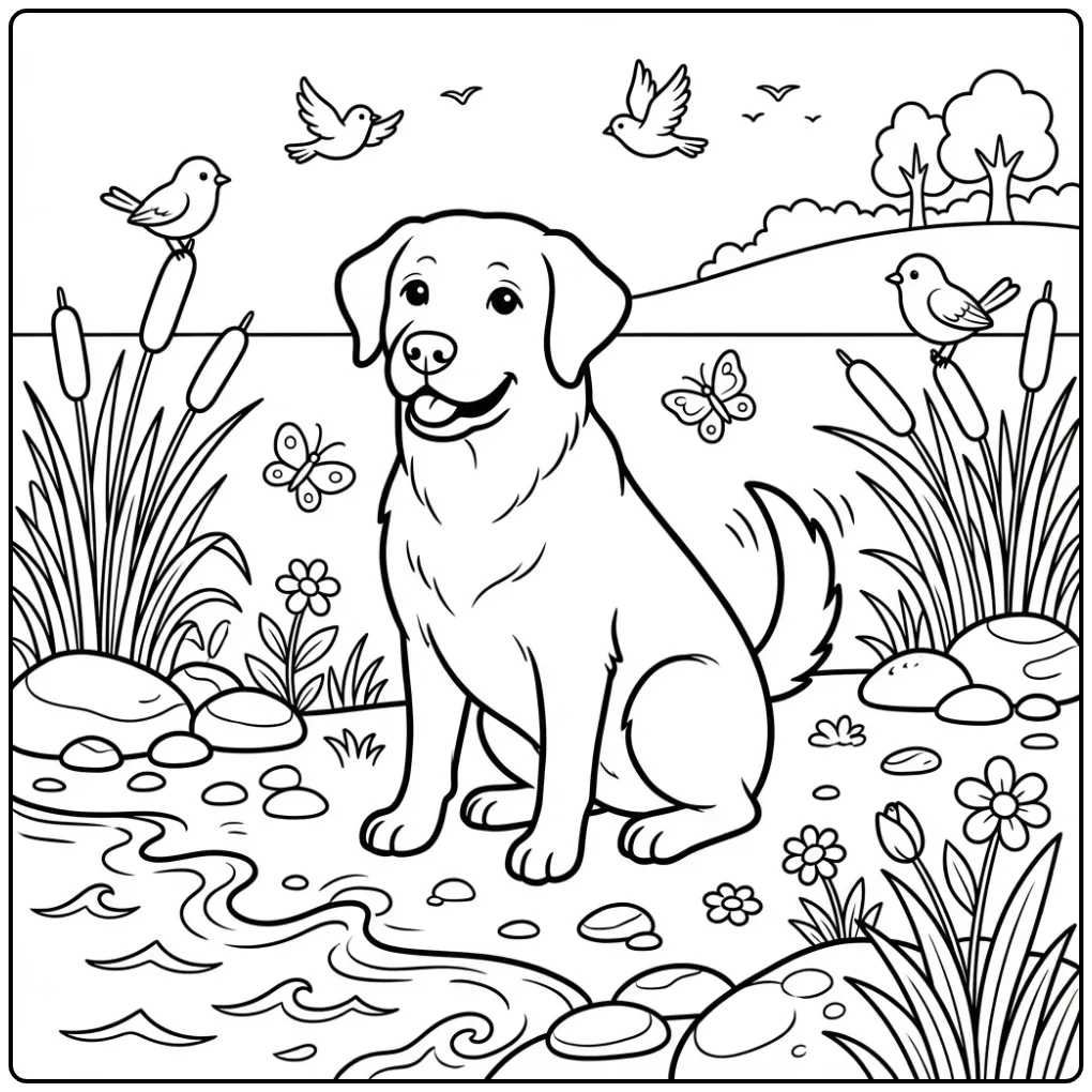 Schattige kleurplaat hond Labrador zittend bij een meer.