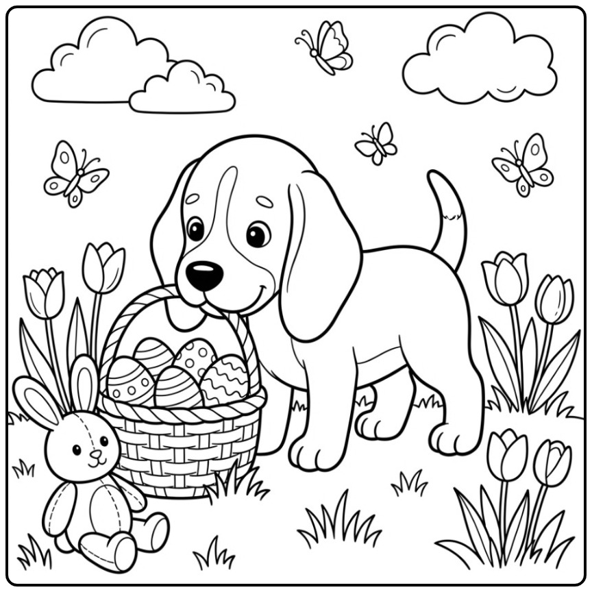 Een schattige kleurplaat beagle met een mand paaseieren.