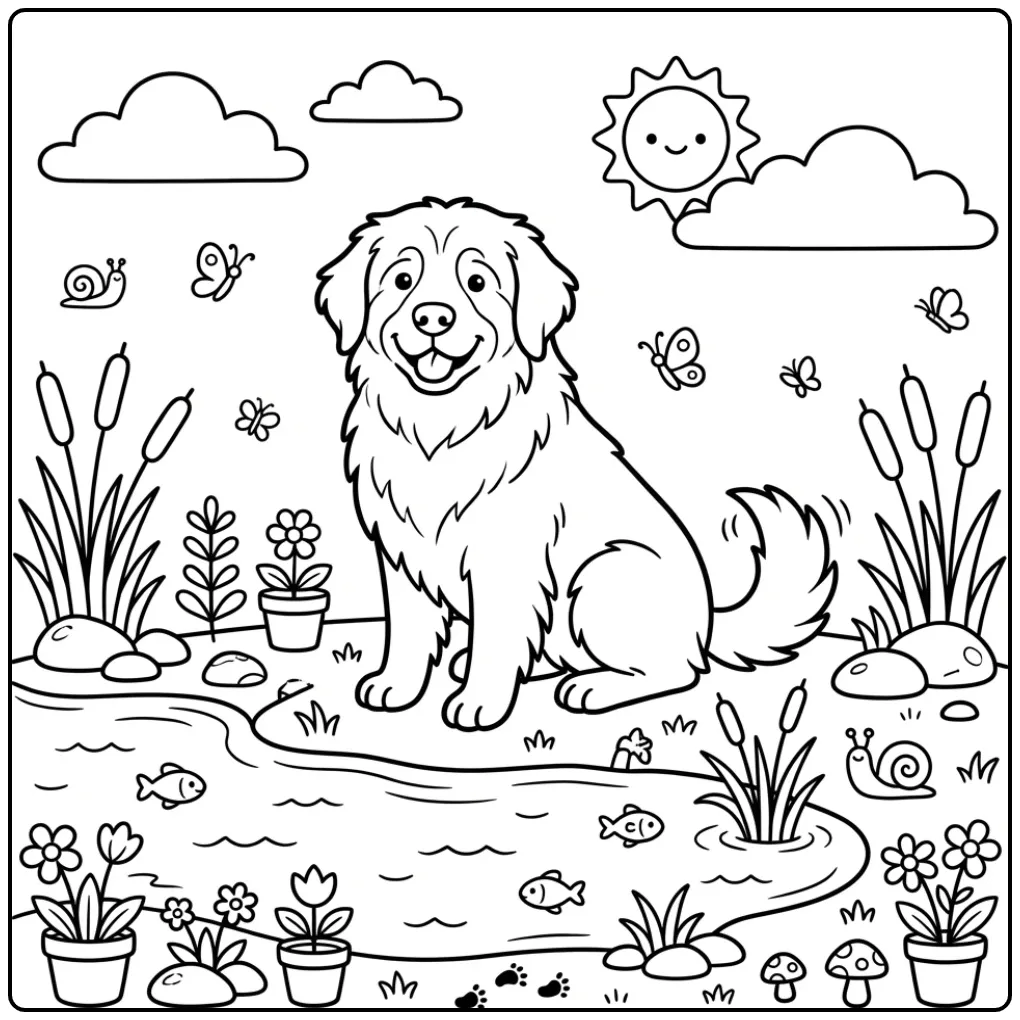 Een Leonberger kleurplaat hond schattig bij een rustig meer.