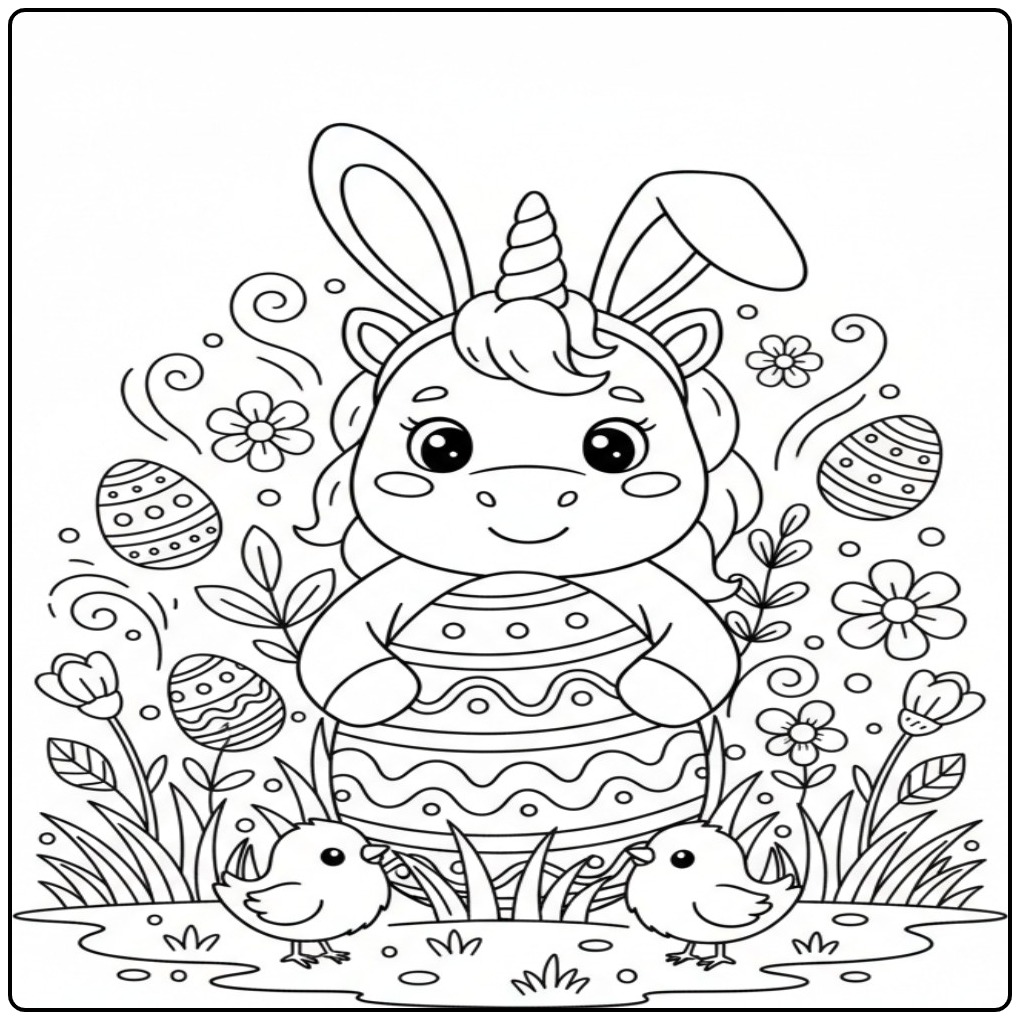 Een lieve Makkelijke paas unicorn kleurplaat met konijnenoren.