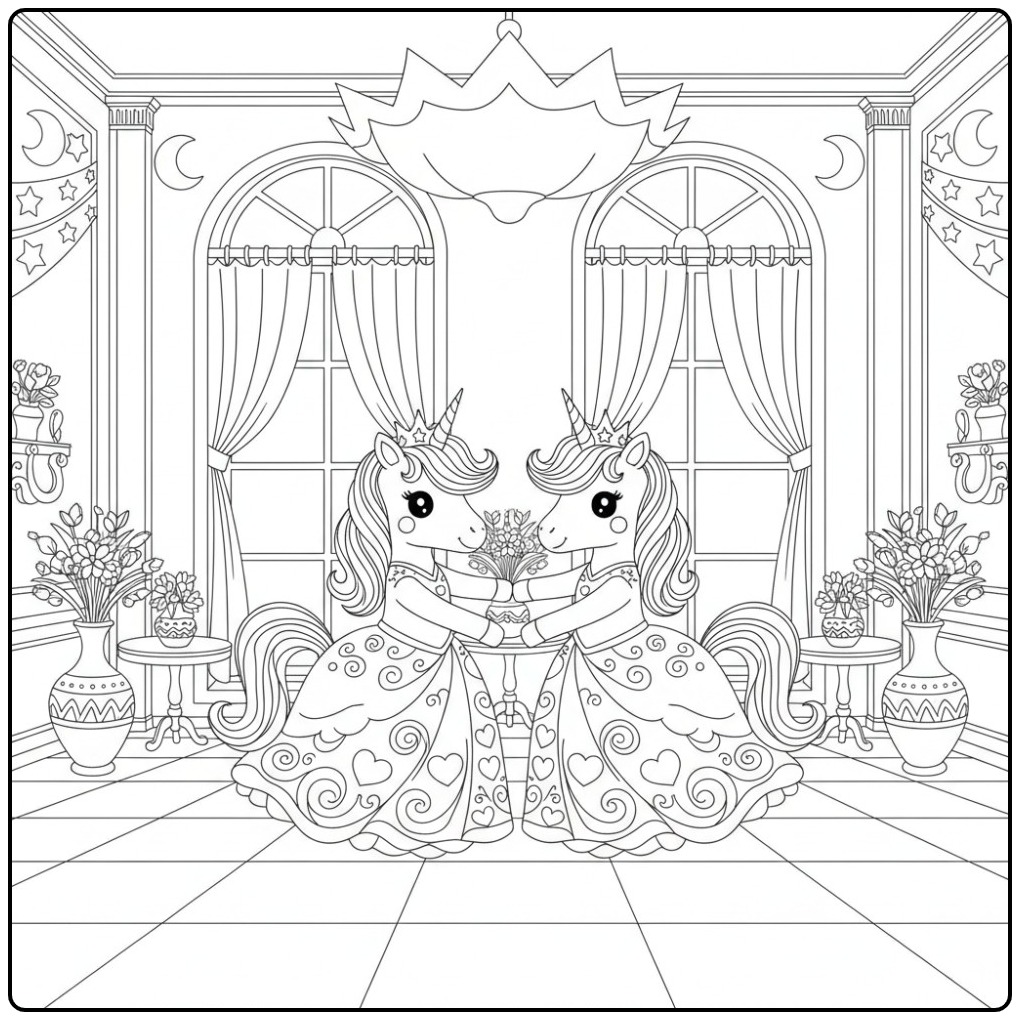Een schattige, makkelijke unicorn prinses kleurplaat met twee.