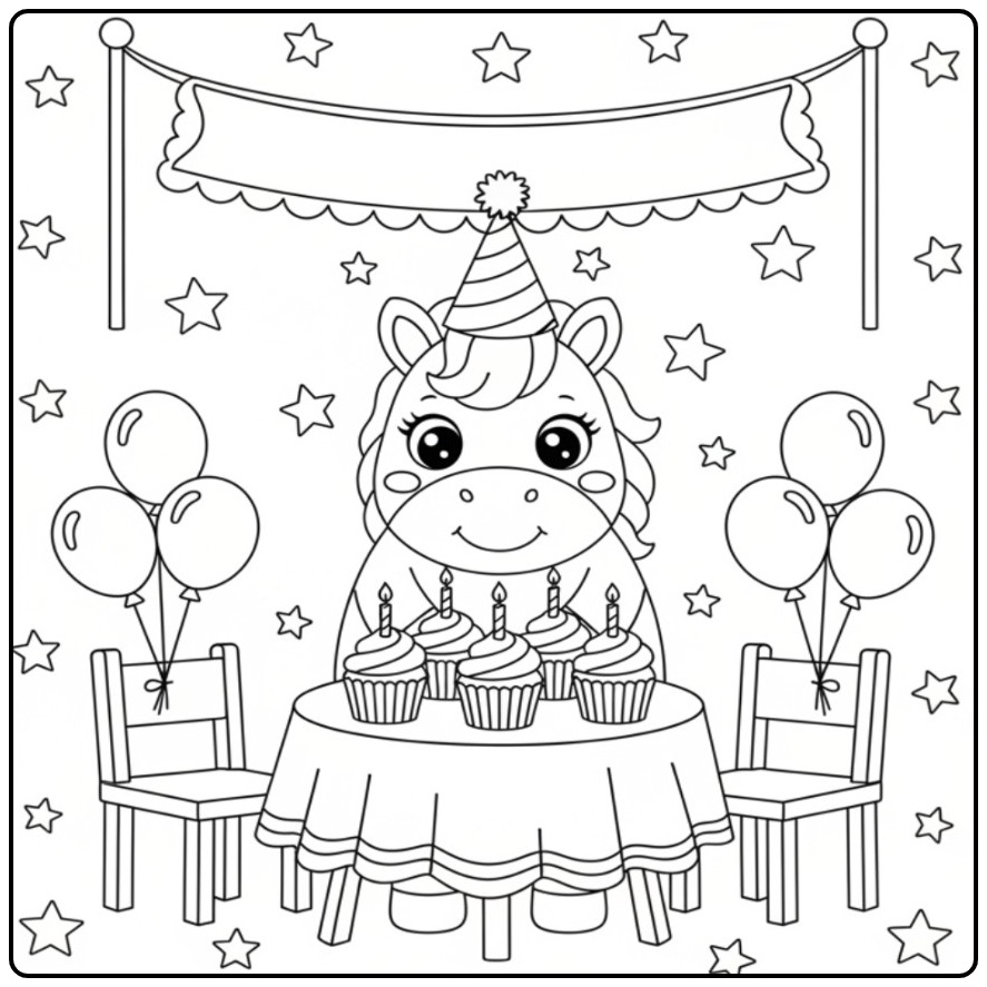 Een schattige Makkelijke unicorn verjaardag kleurplaat met taart.