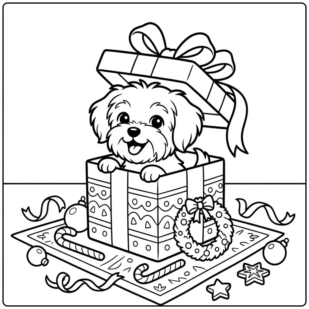 Een schattige kleurplaat kerst hond die uit een cadeau komt.