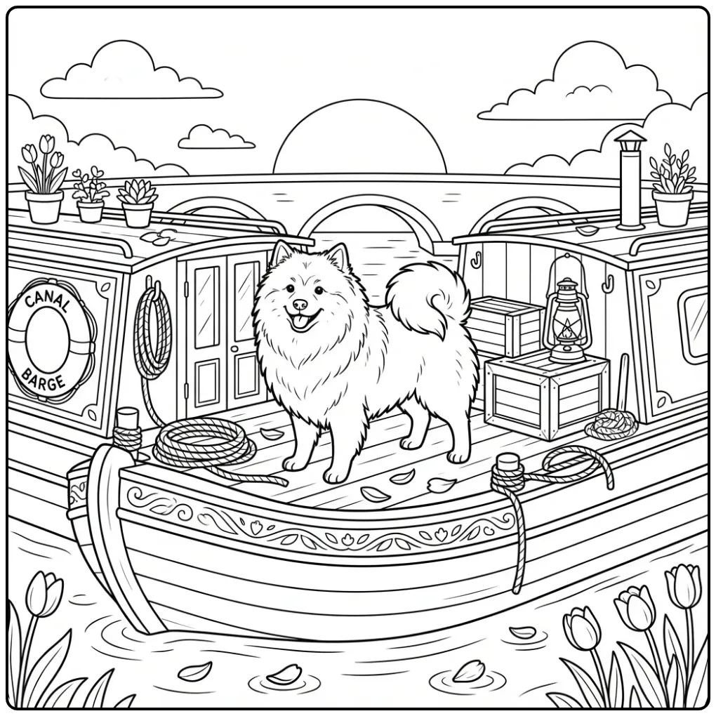 Keeshond op een woonboot, een leuke kleurplaat hond volwassenen.