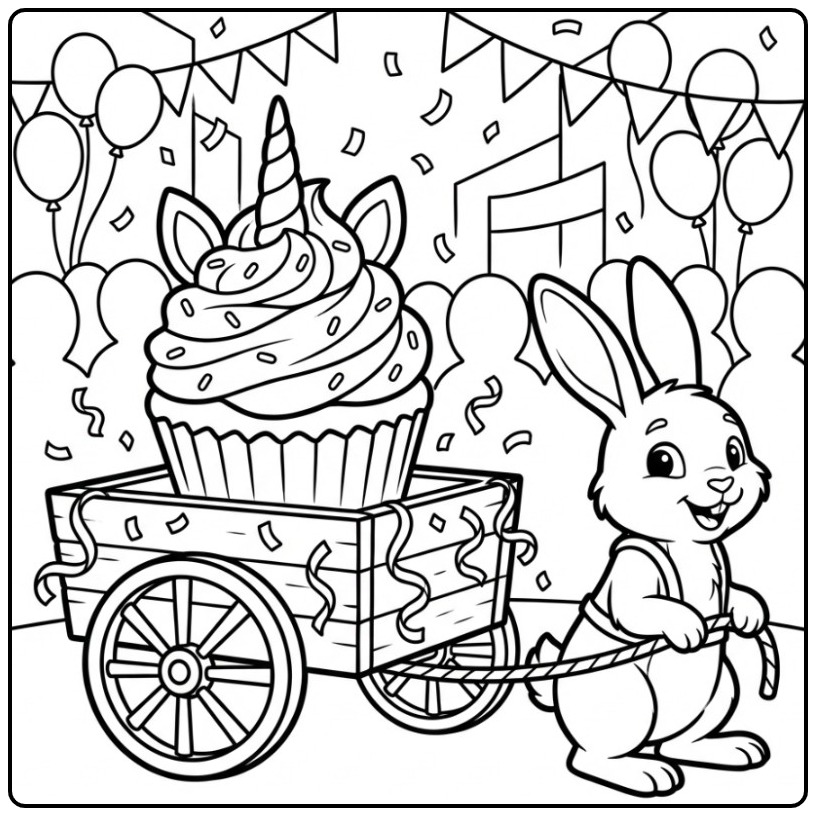 Een konijn trekt een kar met een grote unicorn cupcake kleurplaat.