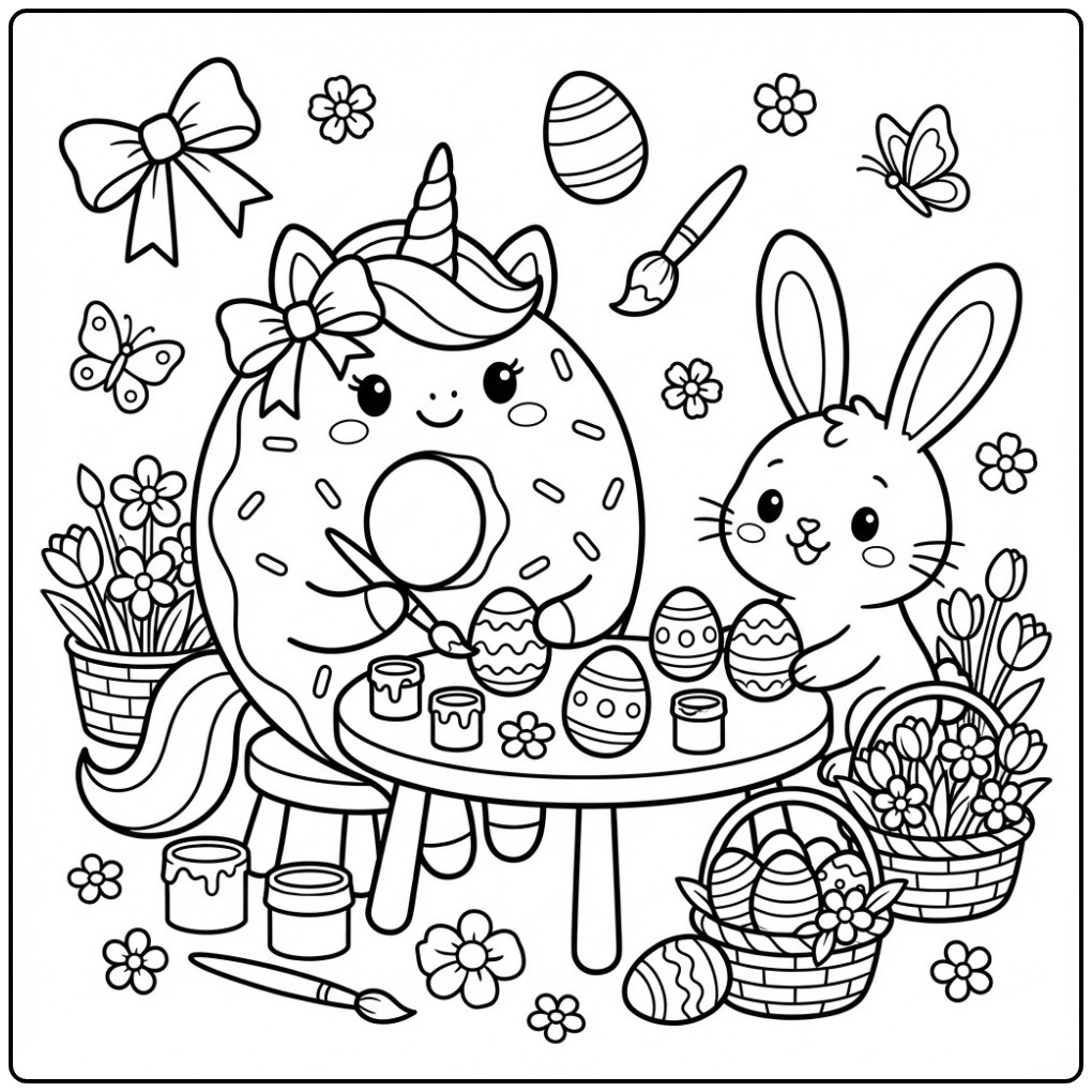 Een schattige Pasen donut eenhoorn kleurplaat met een konijn.