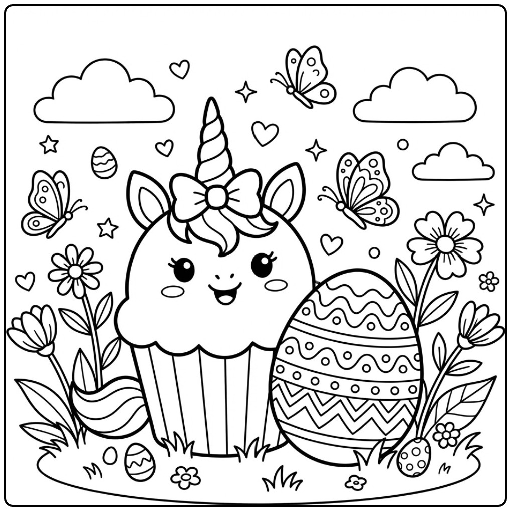 Schattige Pasen eenhoorn cupcake kleurplaat met een paasei.