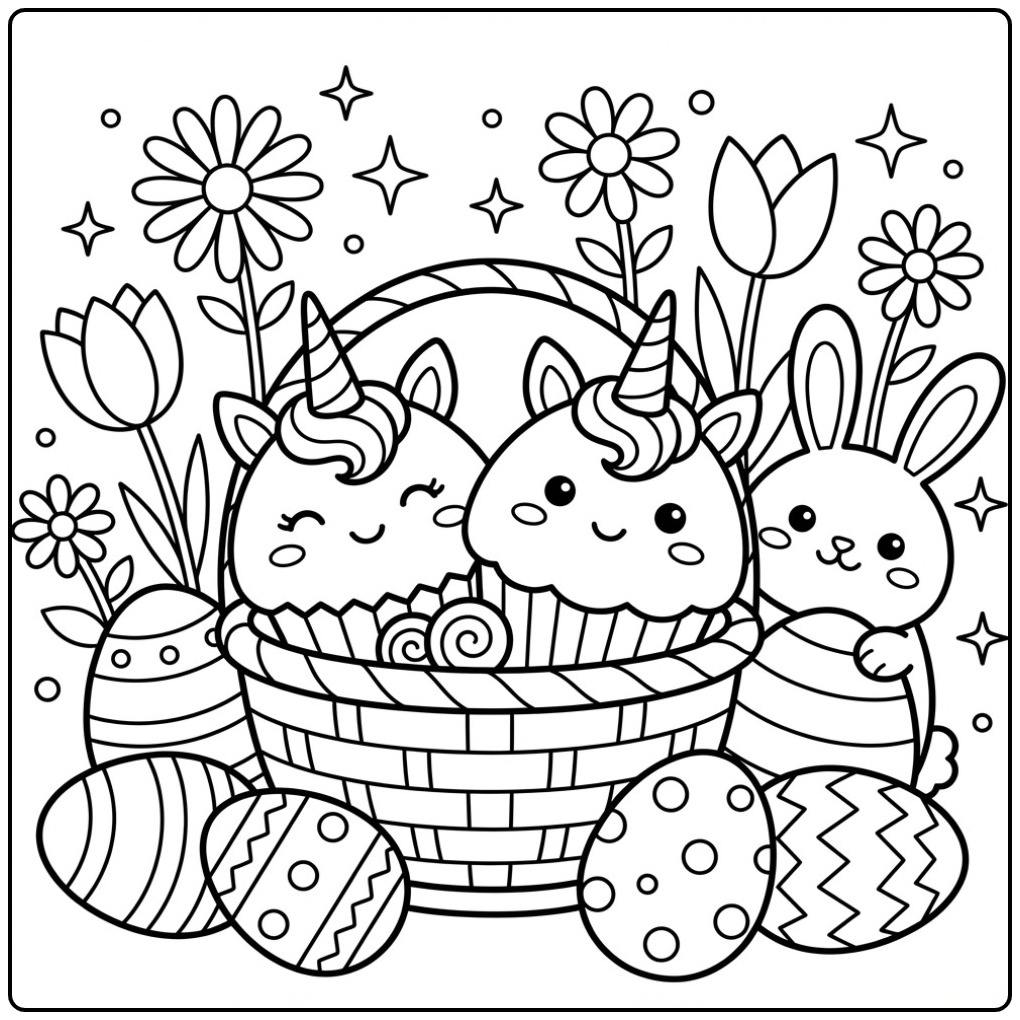 Schattige Pasen eenhoorn cupcake kleurplaat met een paashaas.