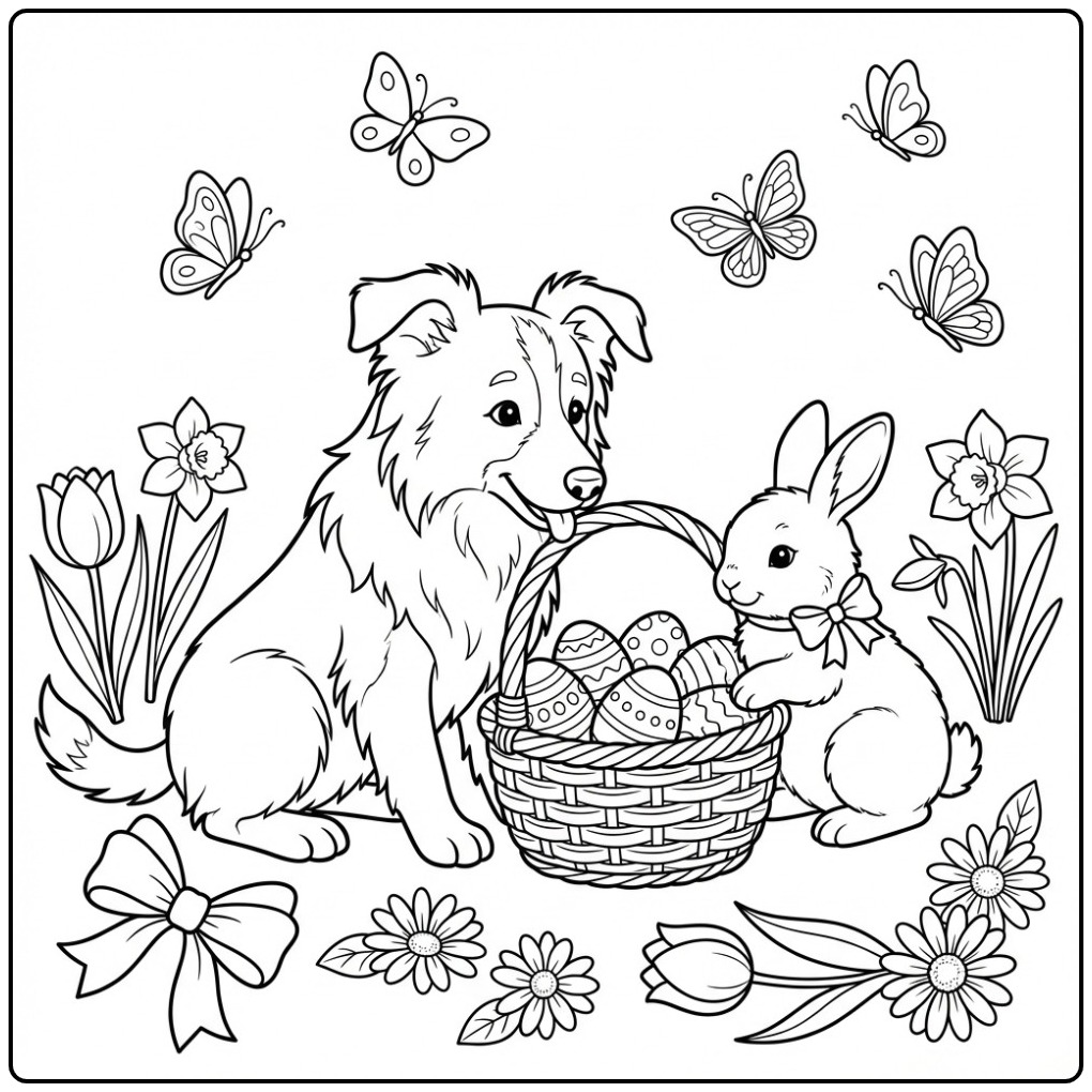 Een schattige kleurplaat border collie met paaseitjes en een konijn.