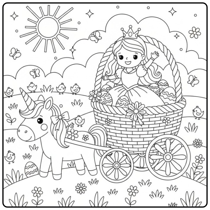 Een schattige Pasen prinses eenhoorn kleurplaat met kuikens.