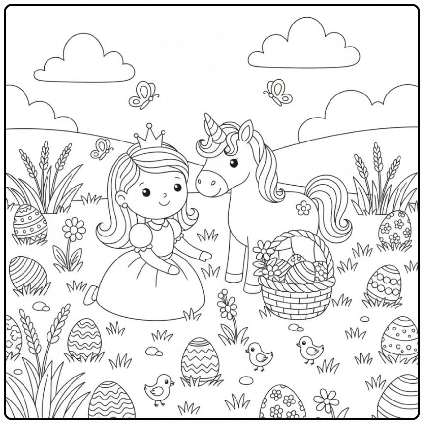 Een schattige Pasen prinses eenhoorn kleurplaat met eieren.