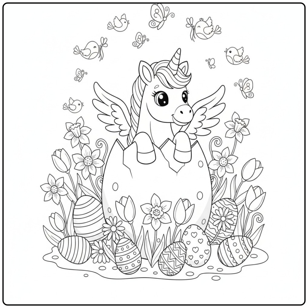 Een Pasenkleurplaat eenhoorn met vleugels die uit een groot ei komt.