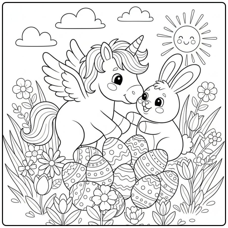 Een schattige Pasenkleurplaat eenhoorn met vleugels en een konijn.