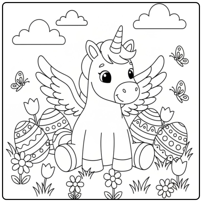 Een schattige Pasenkleurplaat eenhoorn met vleugels en eieren.