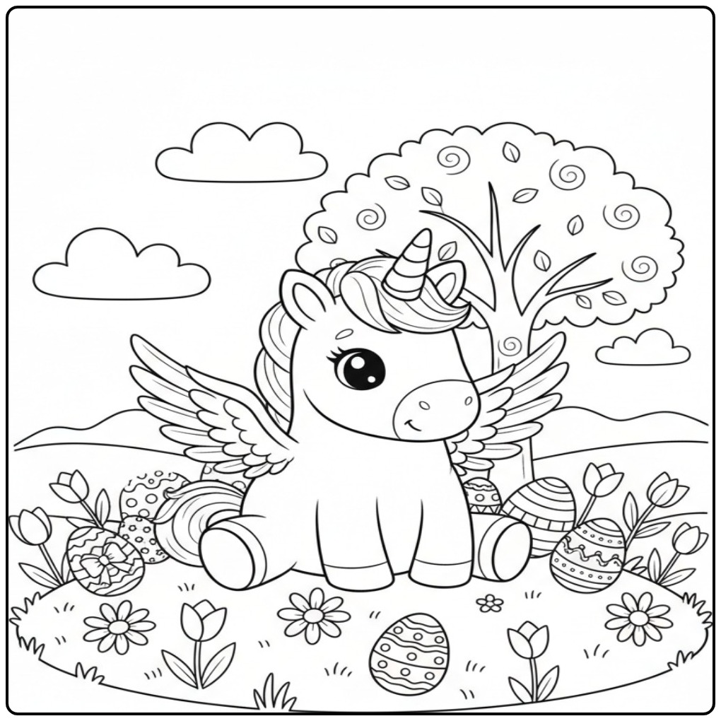 Leuke Pasenkleurplaat eenhoorn met vleugels en paaseieren.