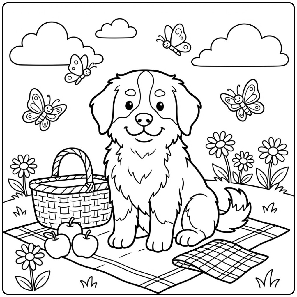 Schattige berner sennen kleurplaat met een puppy picknick.