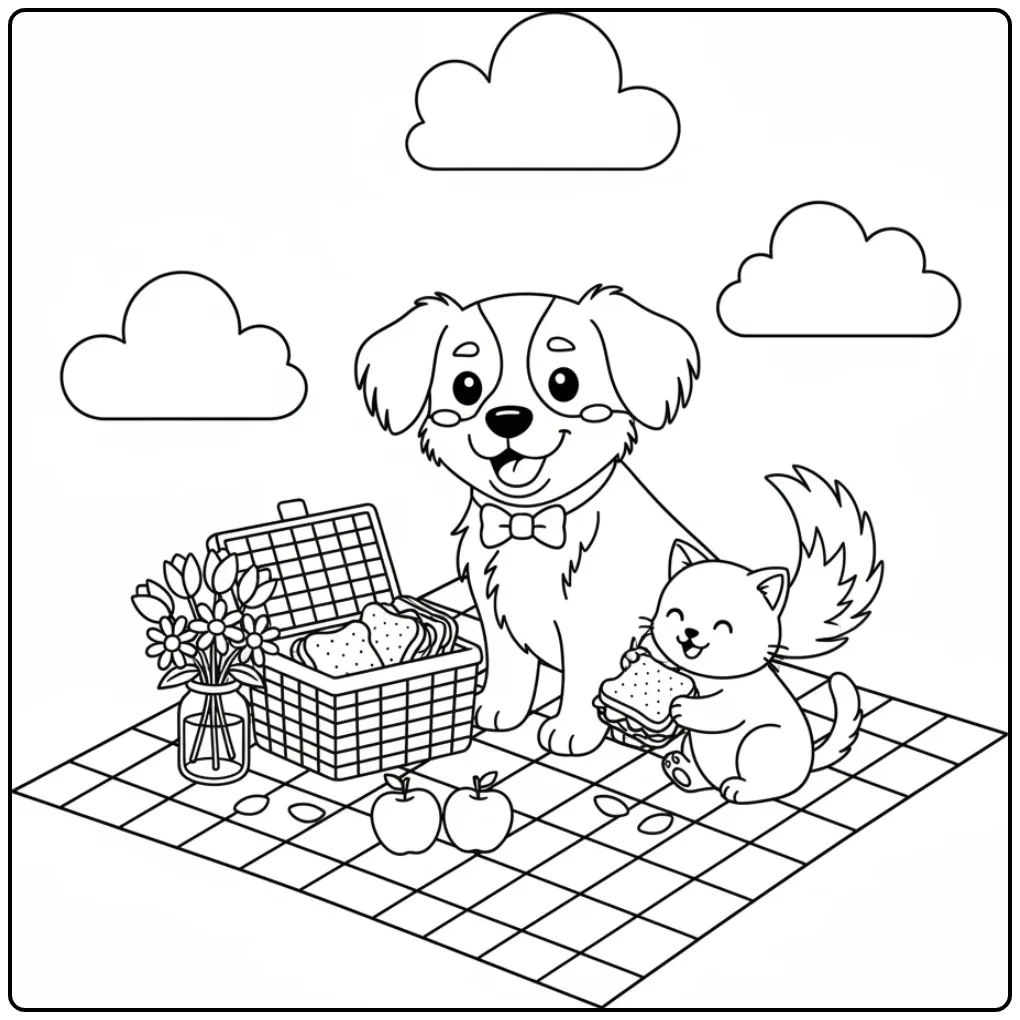 Een leuke kleurplaat hond en kat op een picknickkleed.