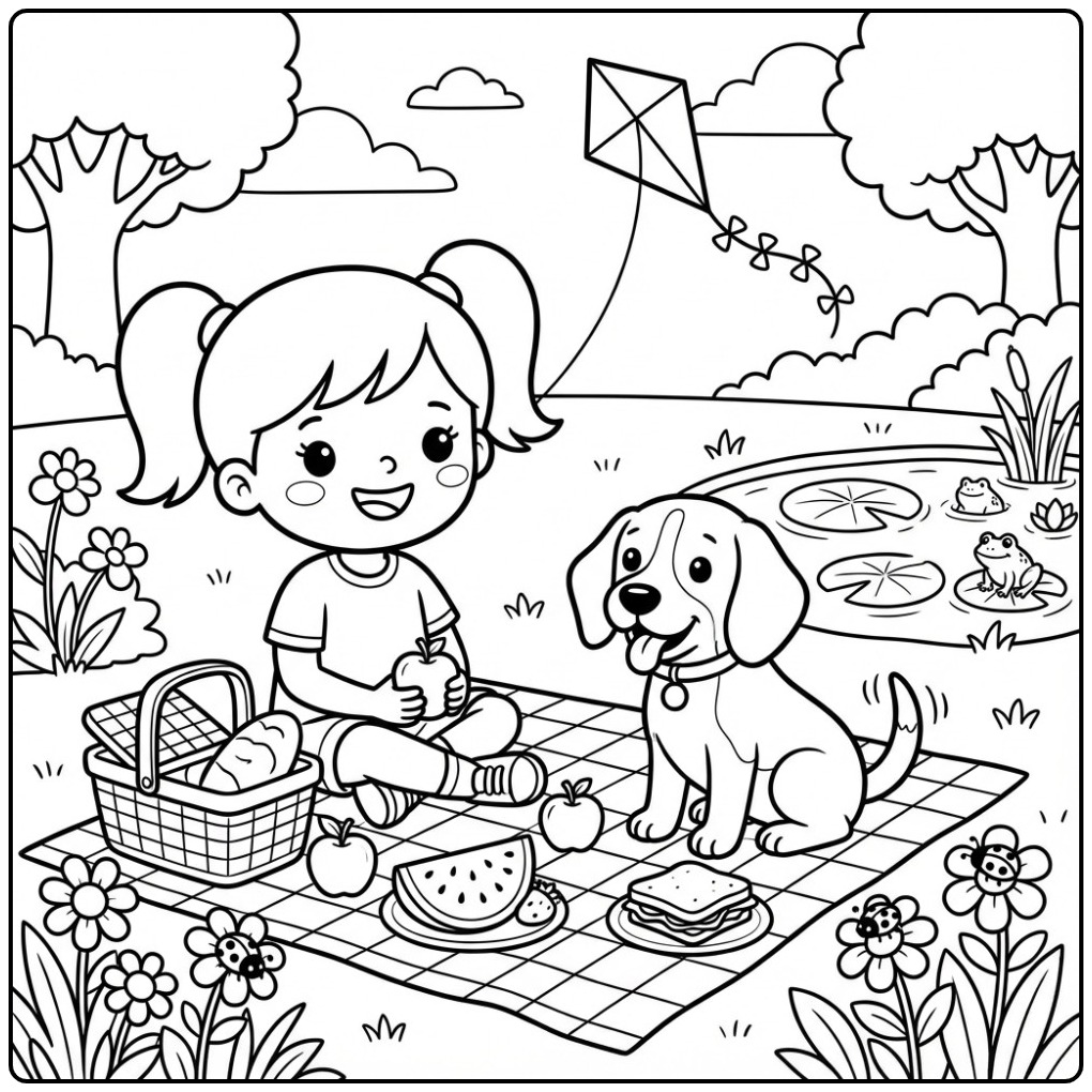 Een zonnige scène kleurplaat meisje met hond op een kleed.