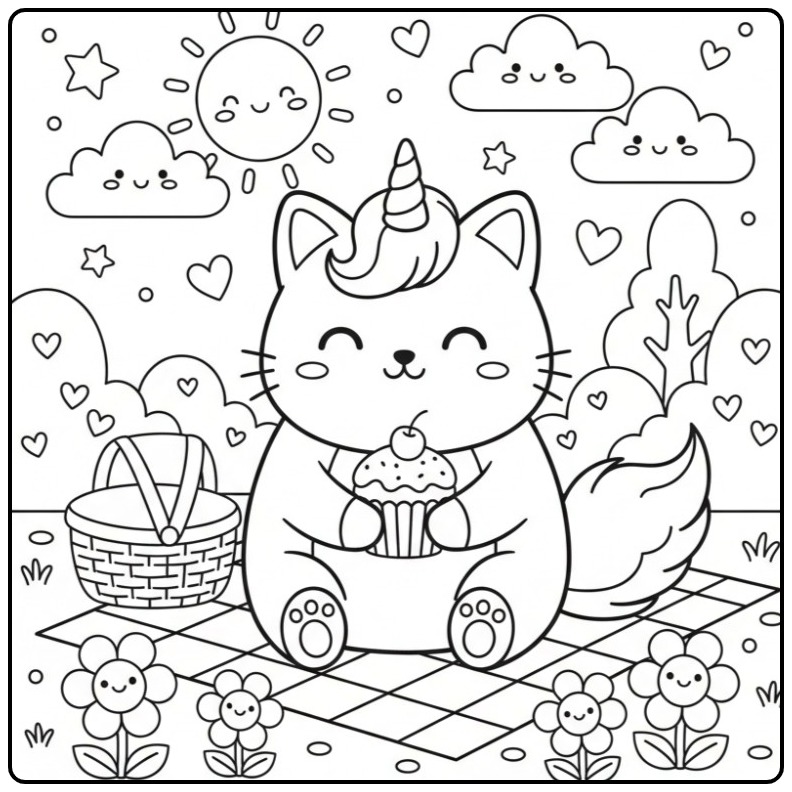 Een schattige Kawaii Eenhoorn kat Kleurplaat met een cupcake.