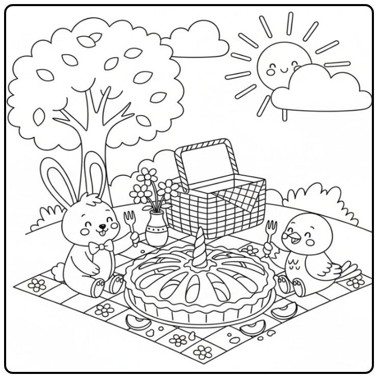 Leuke kleurplaat unicorn taart met een konijn en een kuiken.