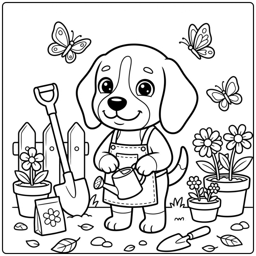 Een schattige tuinierende pup op deze kleurplaat beagle.