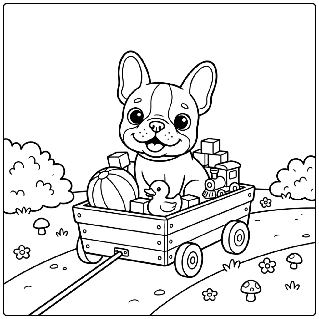 Schattige puppy kleurplaat makkelijk Franse bulldog in kar.