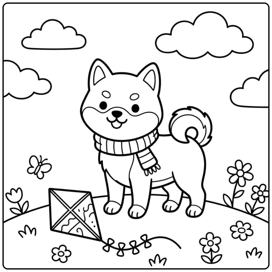 Shiba Inu puppy kleurplaat makkelijk met sjaal en vlieger.