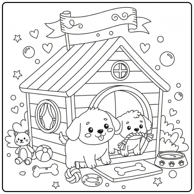 Twee schattige pups spelen bij hun leuke kleurplaat hondenhok.