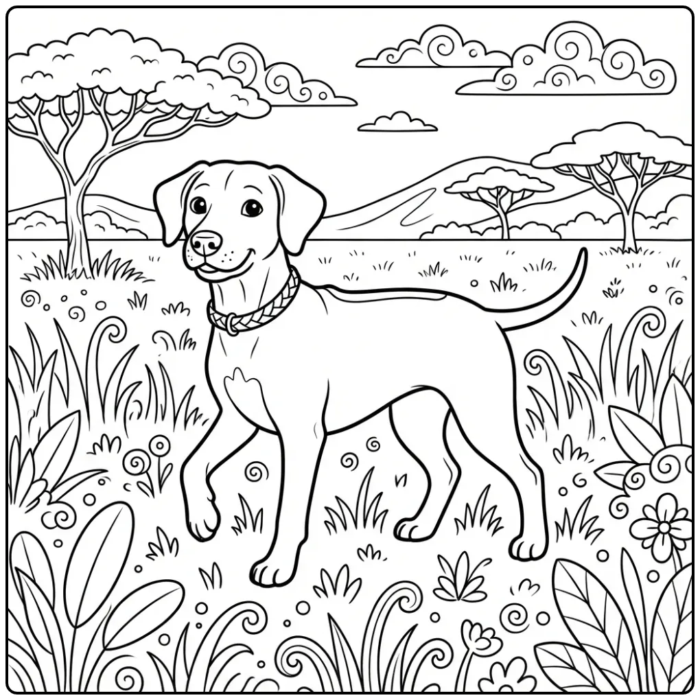 Speelse Ridgeback in de savanne, kleurplaat hond schattig.