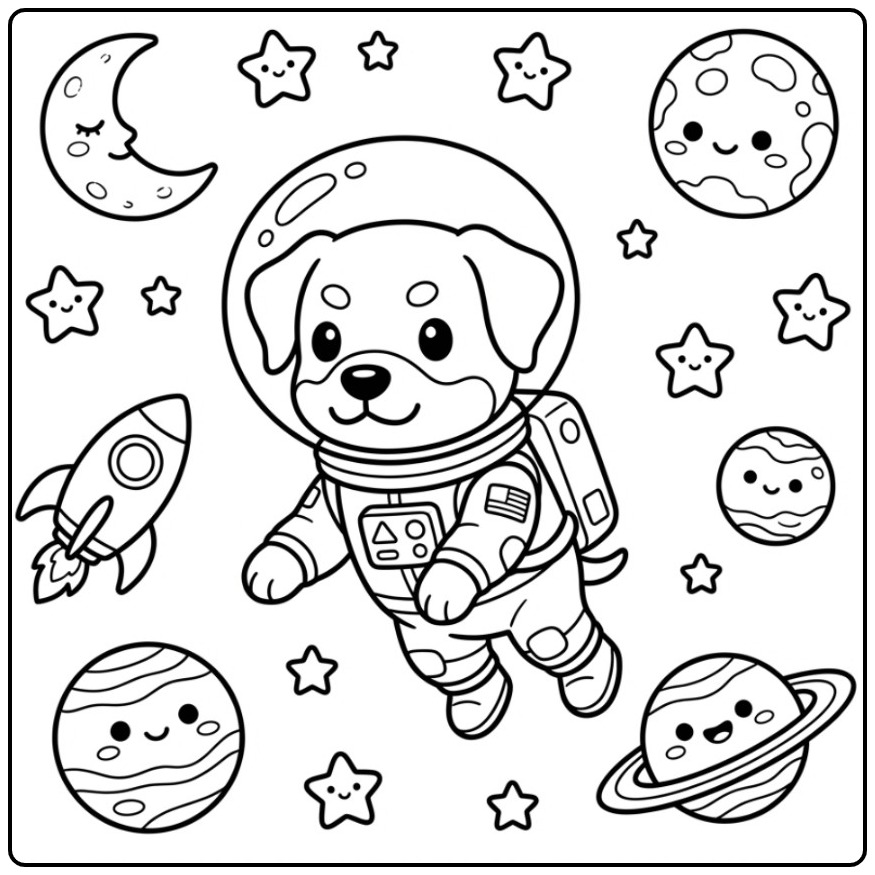 Een schattige astronaut rottweiler kleurplaat in de ruimte.