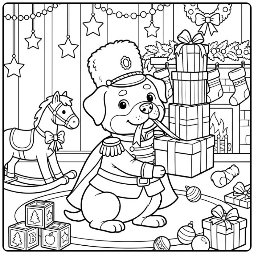 Een schattige kleurplaat kerst hond als speelgoedbewaker.
