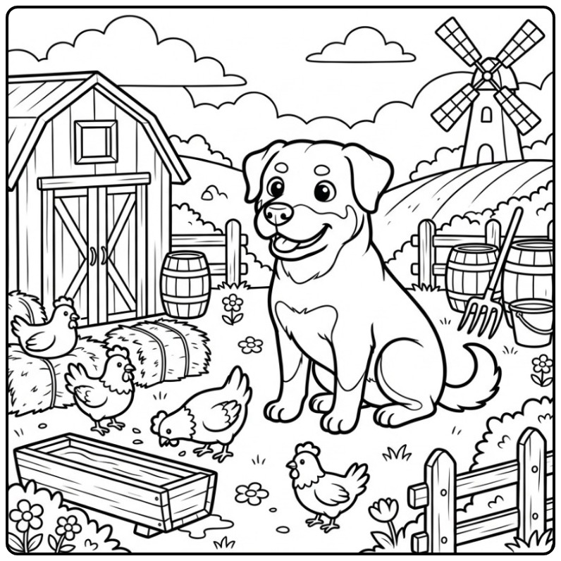 Een schattige rottweiler kleurplaat op de boerderij met kippen.