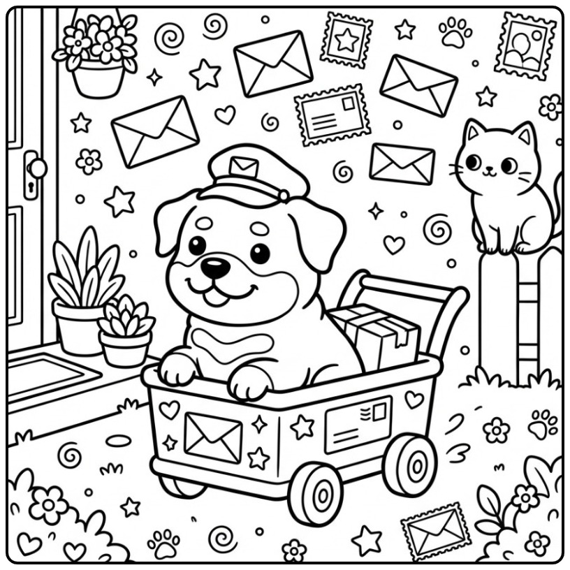 Een schattige rottweiler kleurplaat als postbode met een kat.