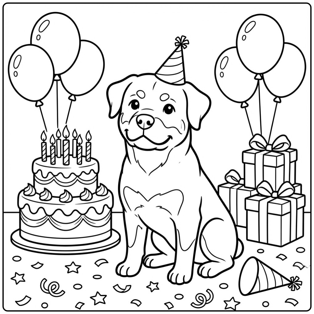 Een schattige rottweiler kleurplaat op een verjaardagsfeestje.