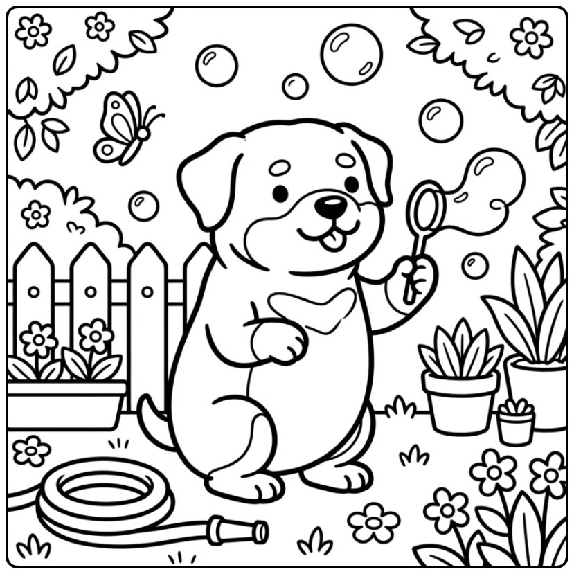 Een schattige rottweiler kleurplaat met bellen en een vlinder.