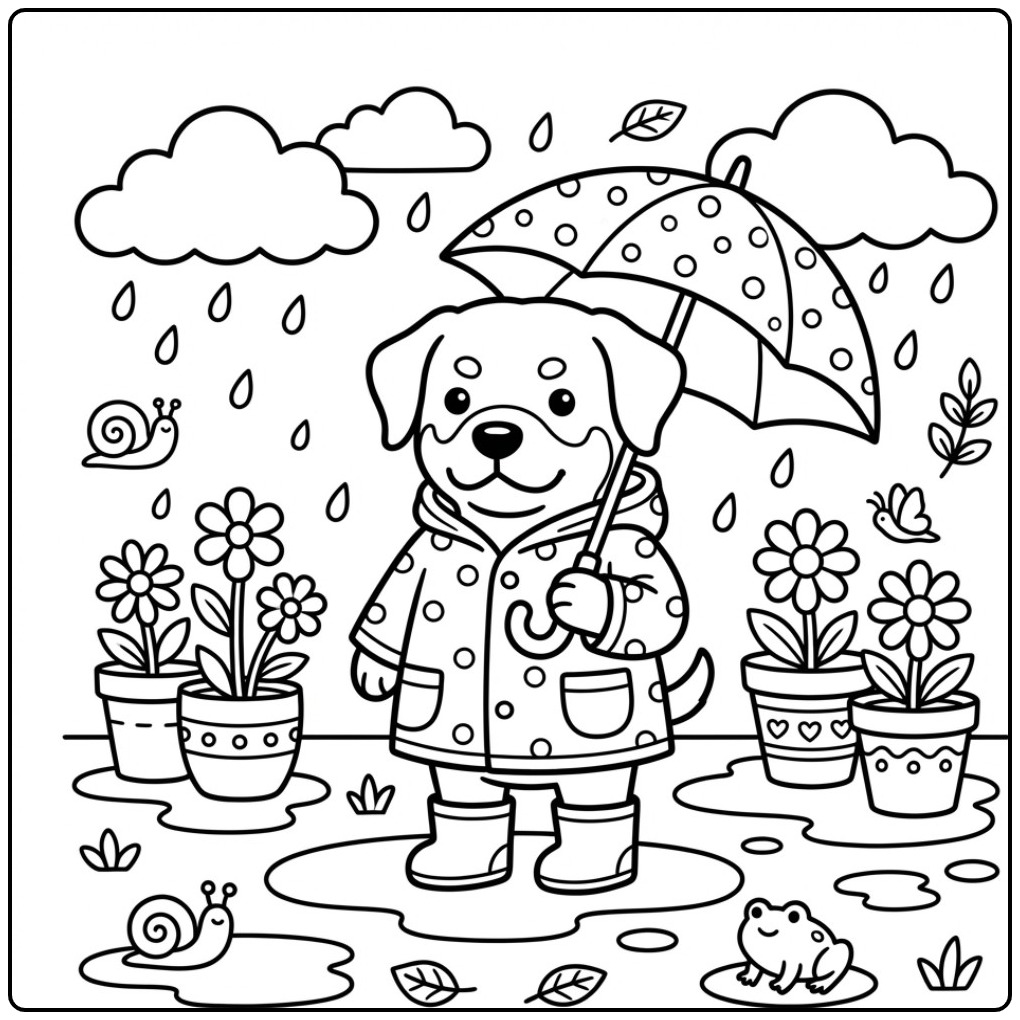 Een schattige rottweiler kleurplaat in een regenjas met paraplu.