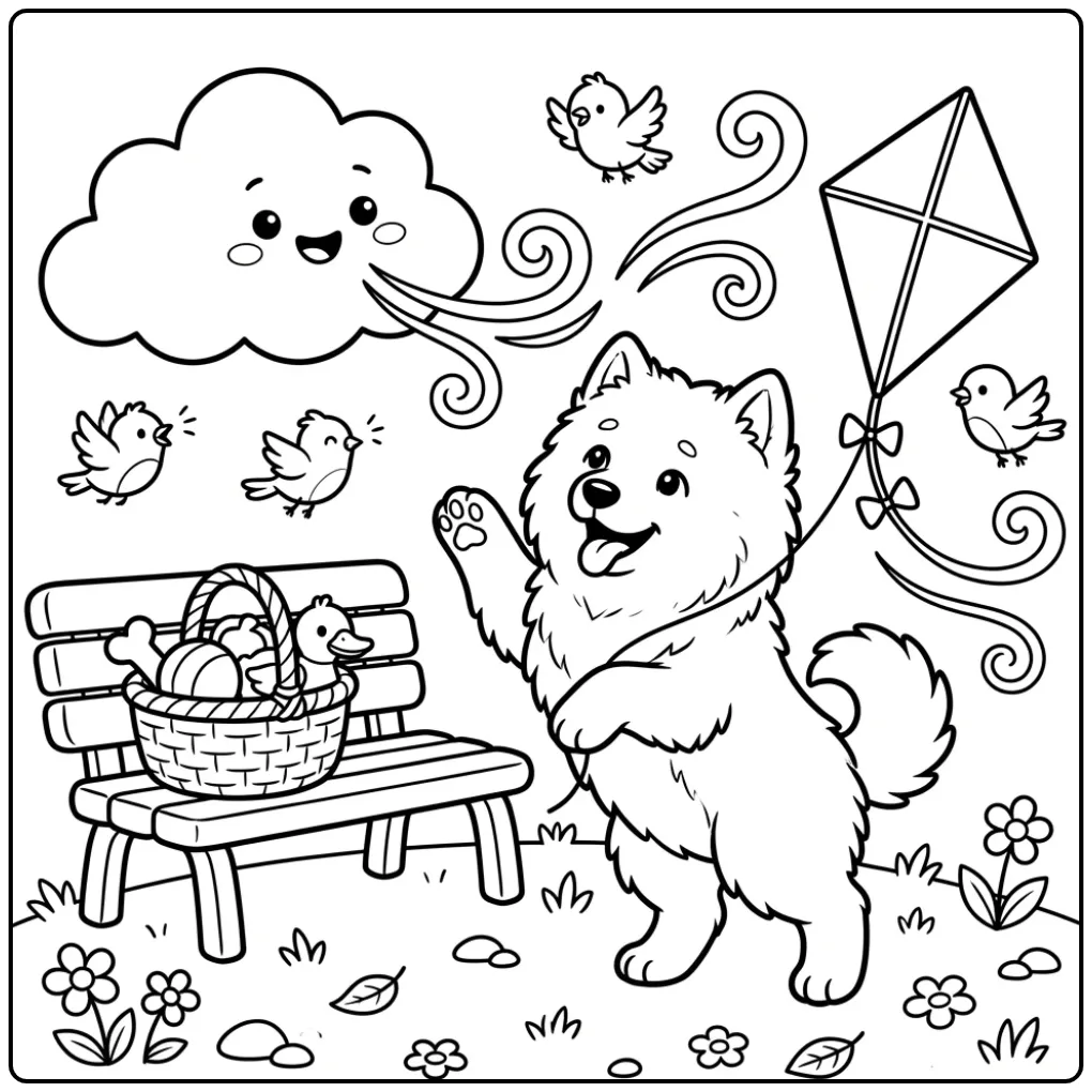 Schattige kleurplaat puppy met vlieger en wolk in het park