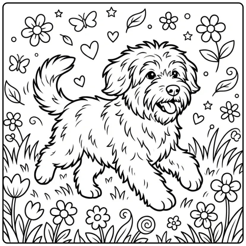 Rennende Schapendoes kleurplaat hond tussen bloemen