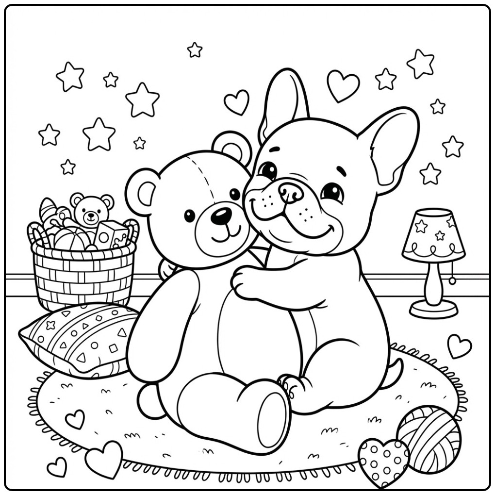 Een schattige franse bulldog kleurplaat knuffelt een teddybeer.