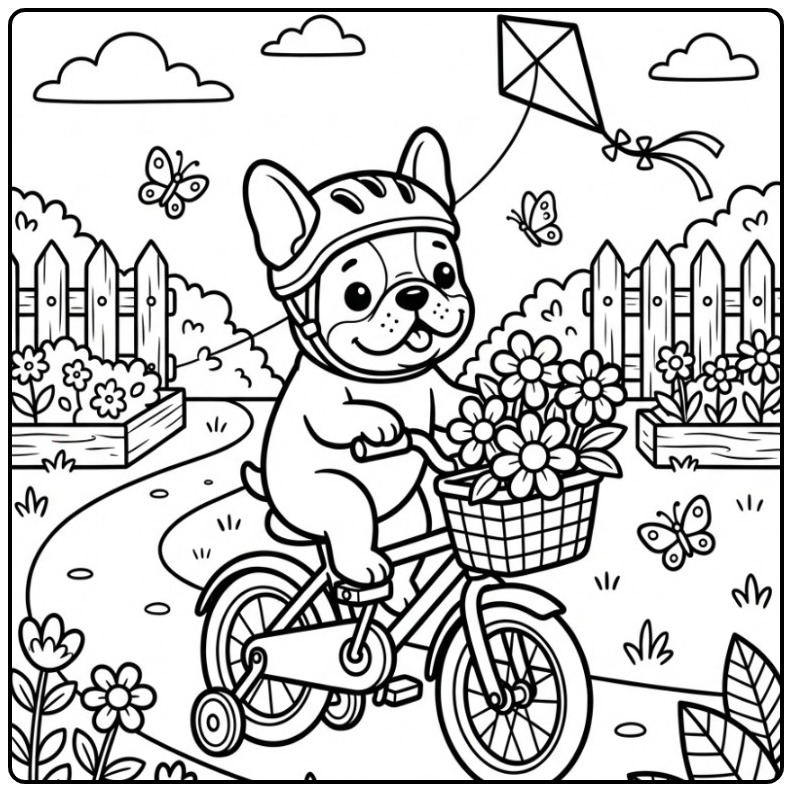 Een schattige franse bulldog kleurplaat die fietst in de tuin.