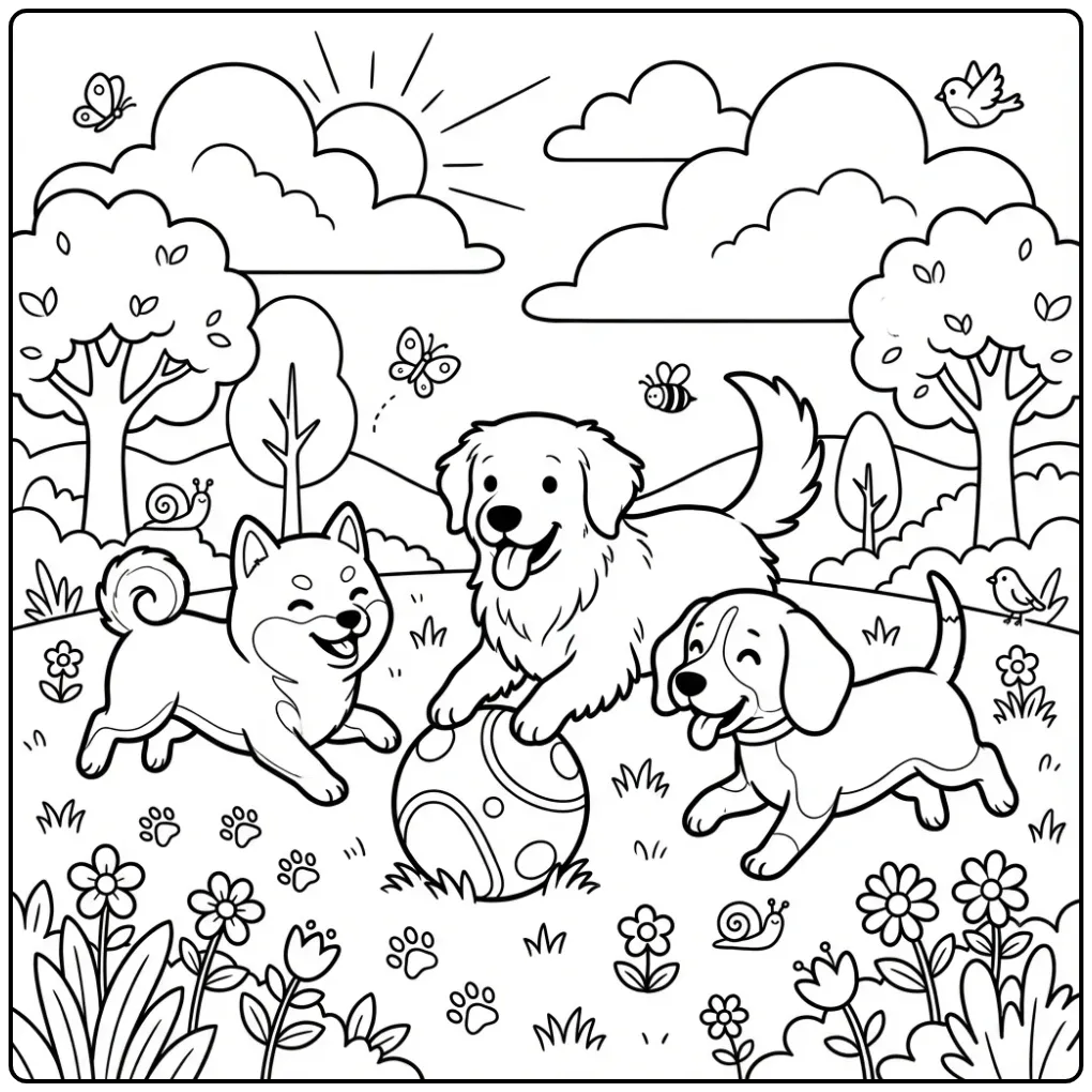 Schattige honden kleurplaat van drie spelende vrienden.