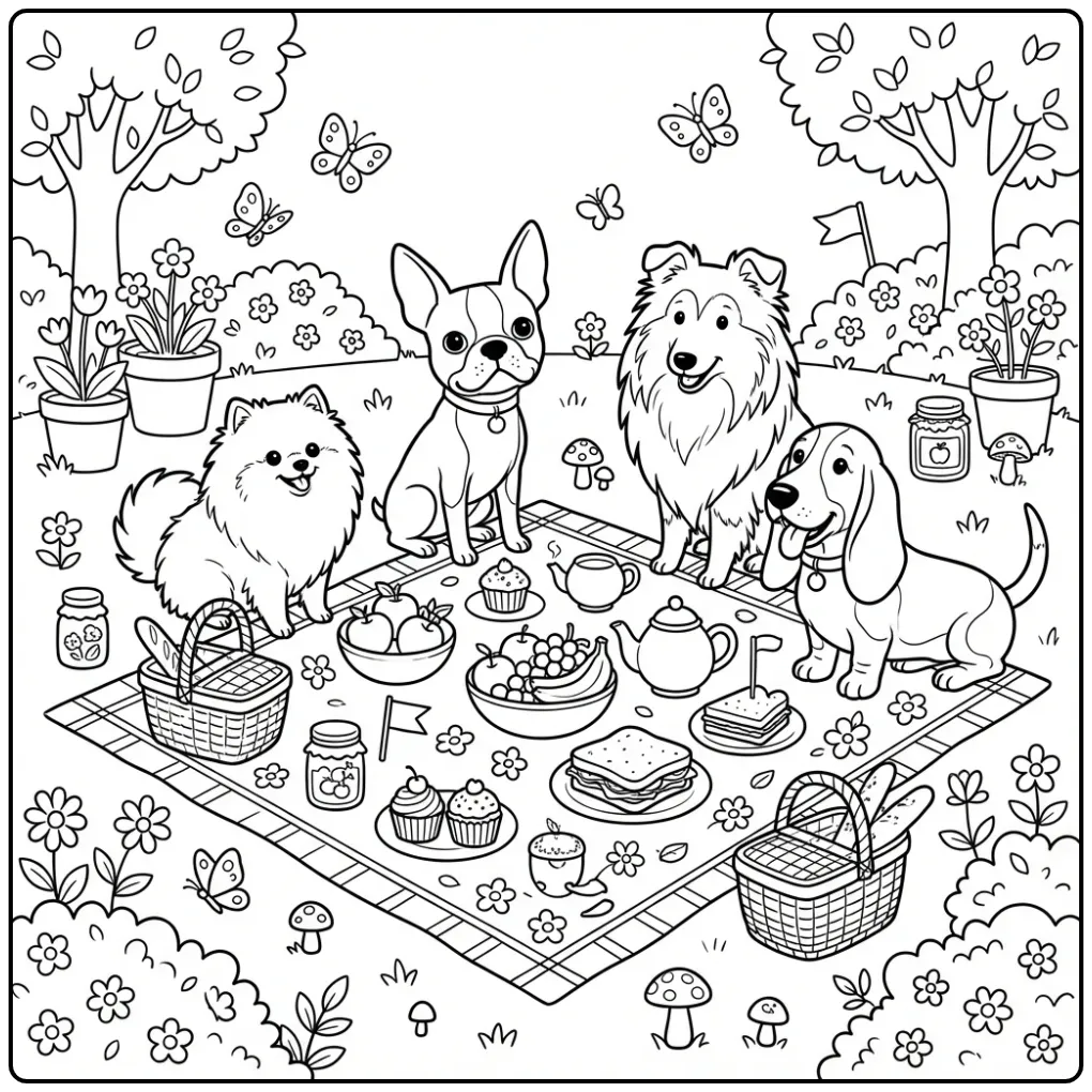 Een schattige honden kleurplaat met vier honden op picknick.