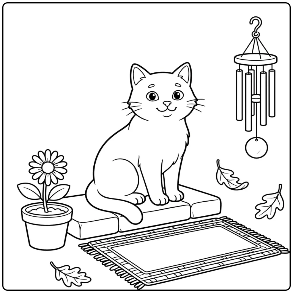 Een schattige kat kleurplaat zittend op een deurmat.