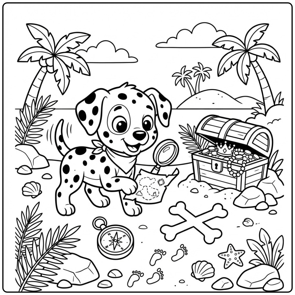 Avontuurlijke kleurplaat dalmatier op een onbewoond eiland.