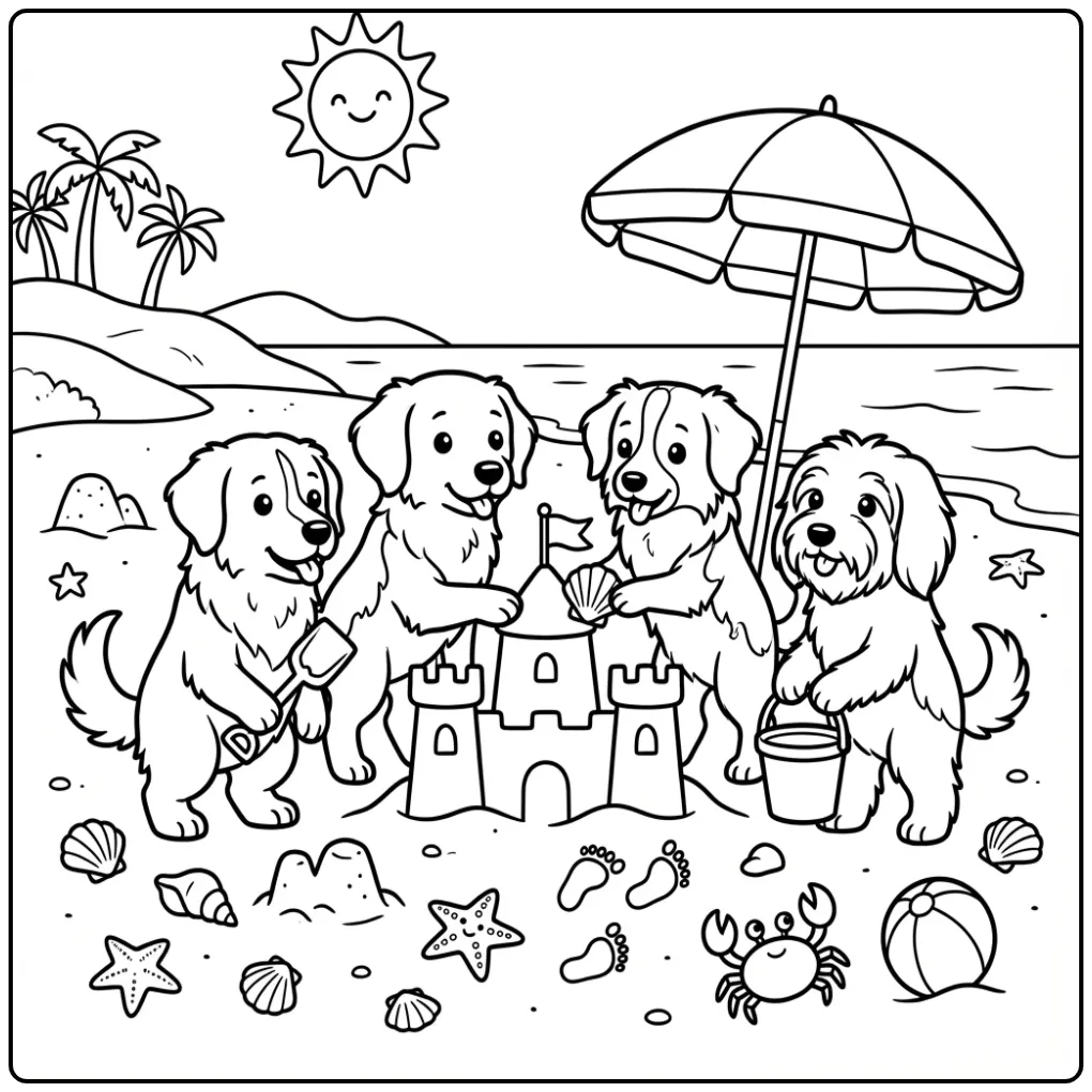Vier hondjes bij een zandkasteel, honden kleurplaat makkelijk.