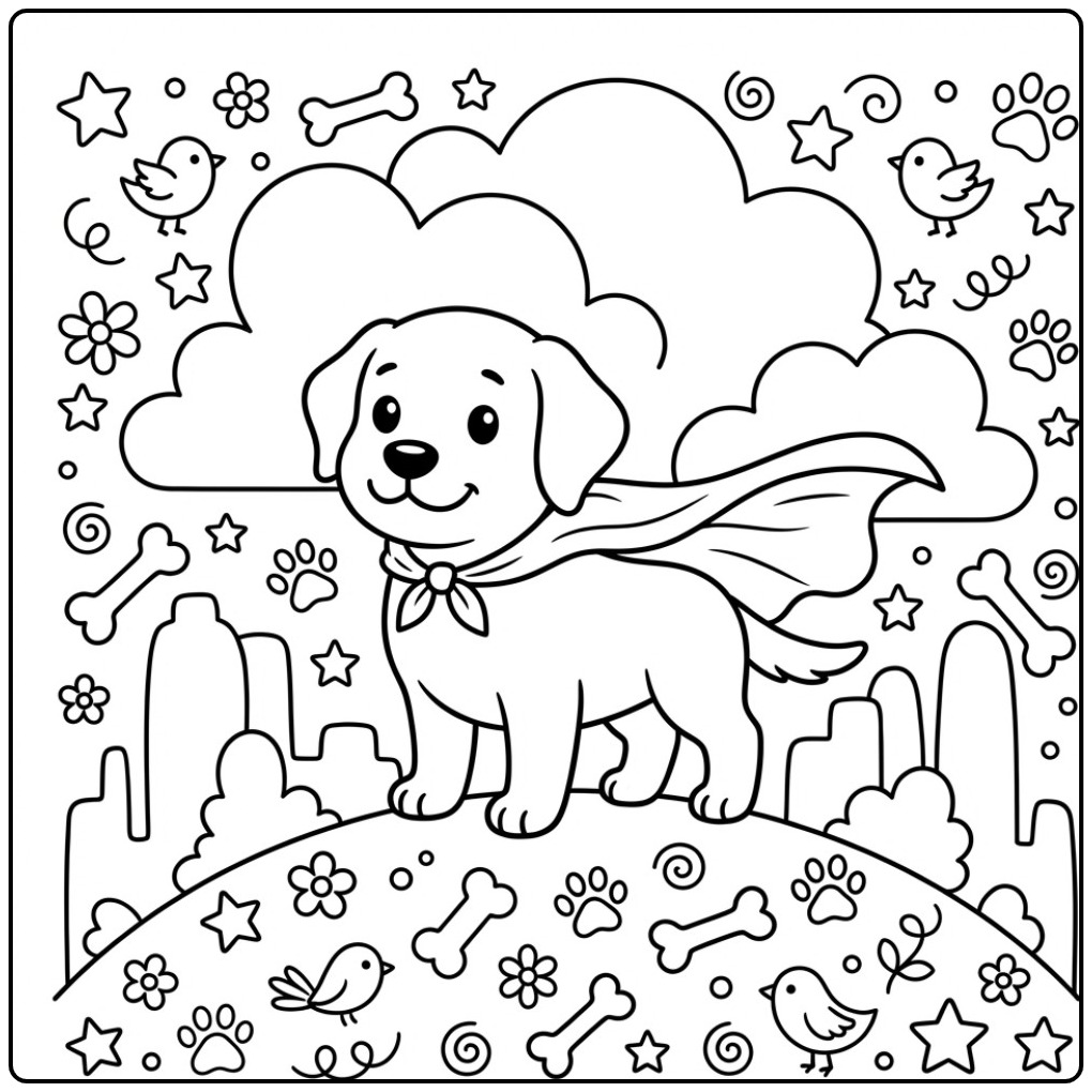 Een schattige superheld kleurplaat labrador met een wapperende cape.