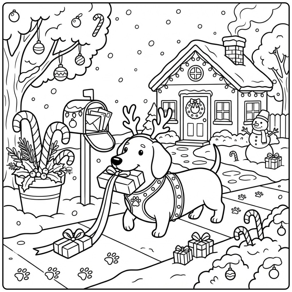 Leuke kleurplaat kerst hond met rendiergewei en cadeau.