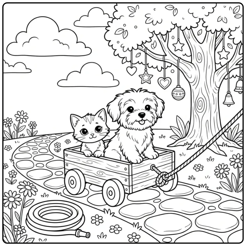 Schattige kleurplaat puppy en kitten samen in een speelgoedkar.