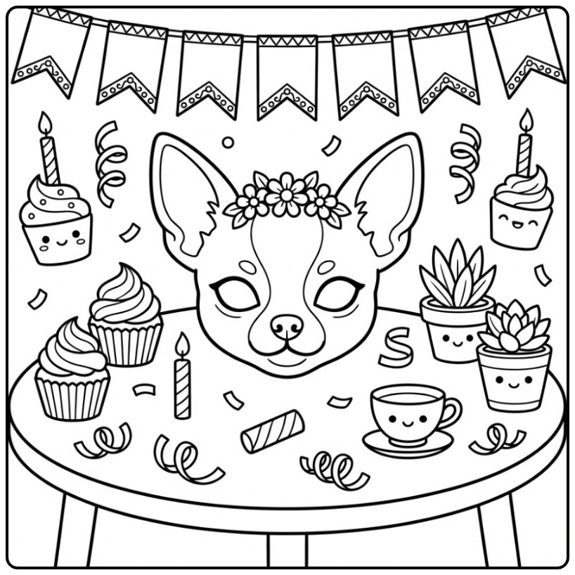 Een schattige Chihuahua honden masker kleurplaat voor een feestje.