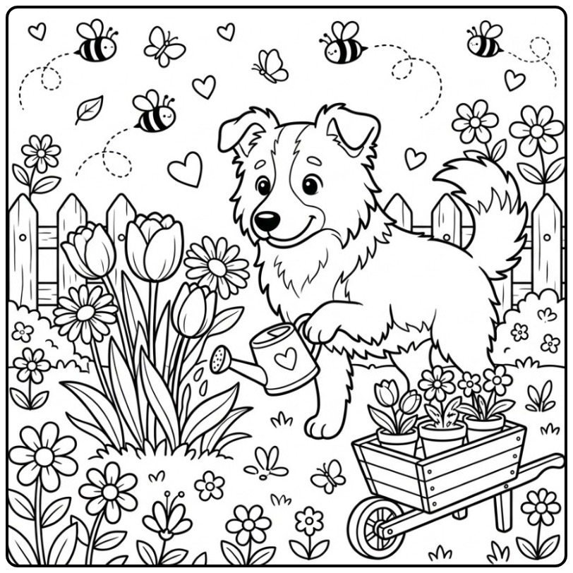 Een schattige kleurplaat border collie in een mooie bloementuin.